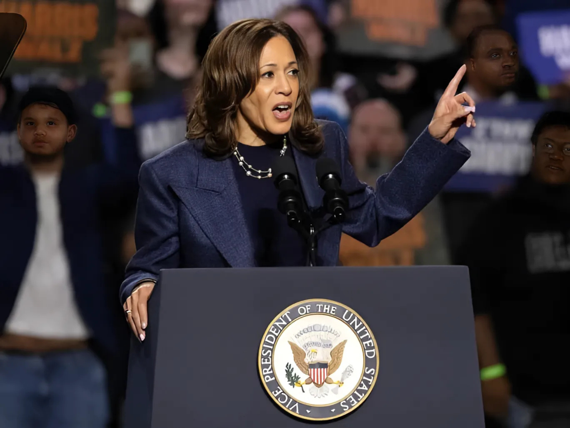 Kamala Harris addresses supporters at a campaign rally at Michigan State University in East Lansing, Michigan, U.S. 

Image Source: Reuters 