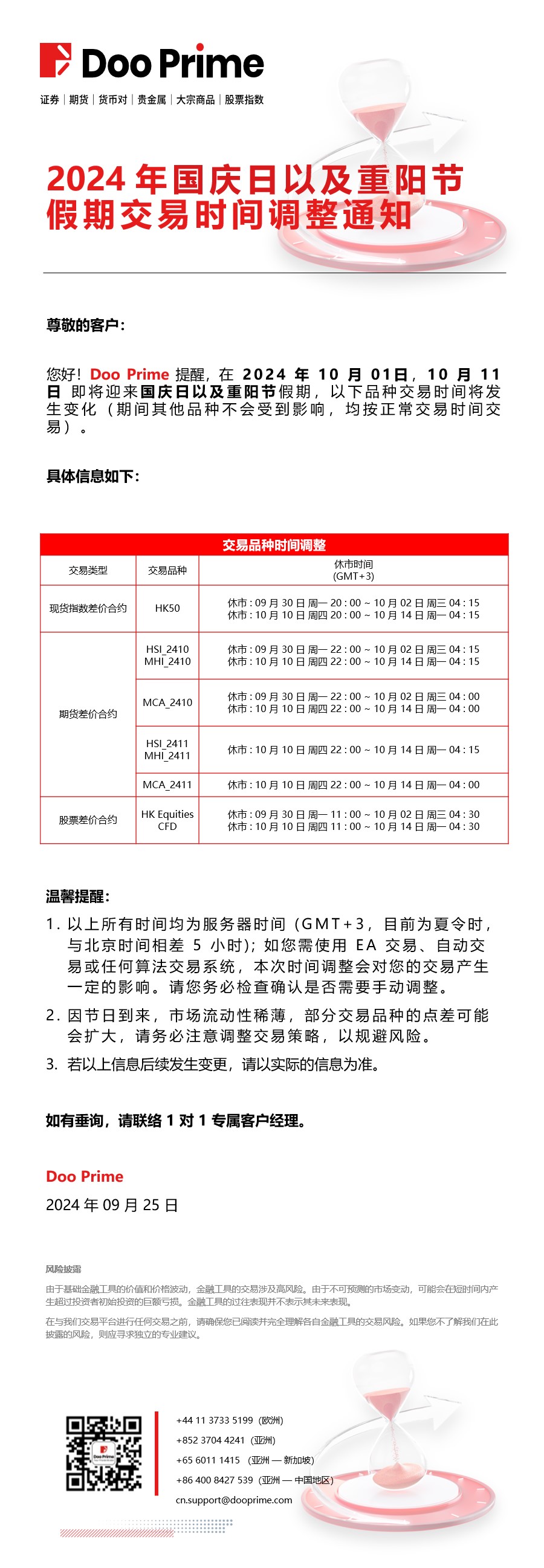 2024 年国庆日以及重阳节假期交易时间调整通知